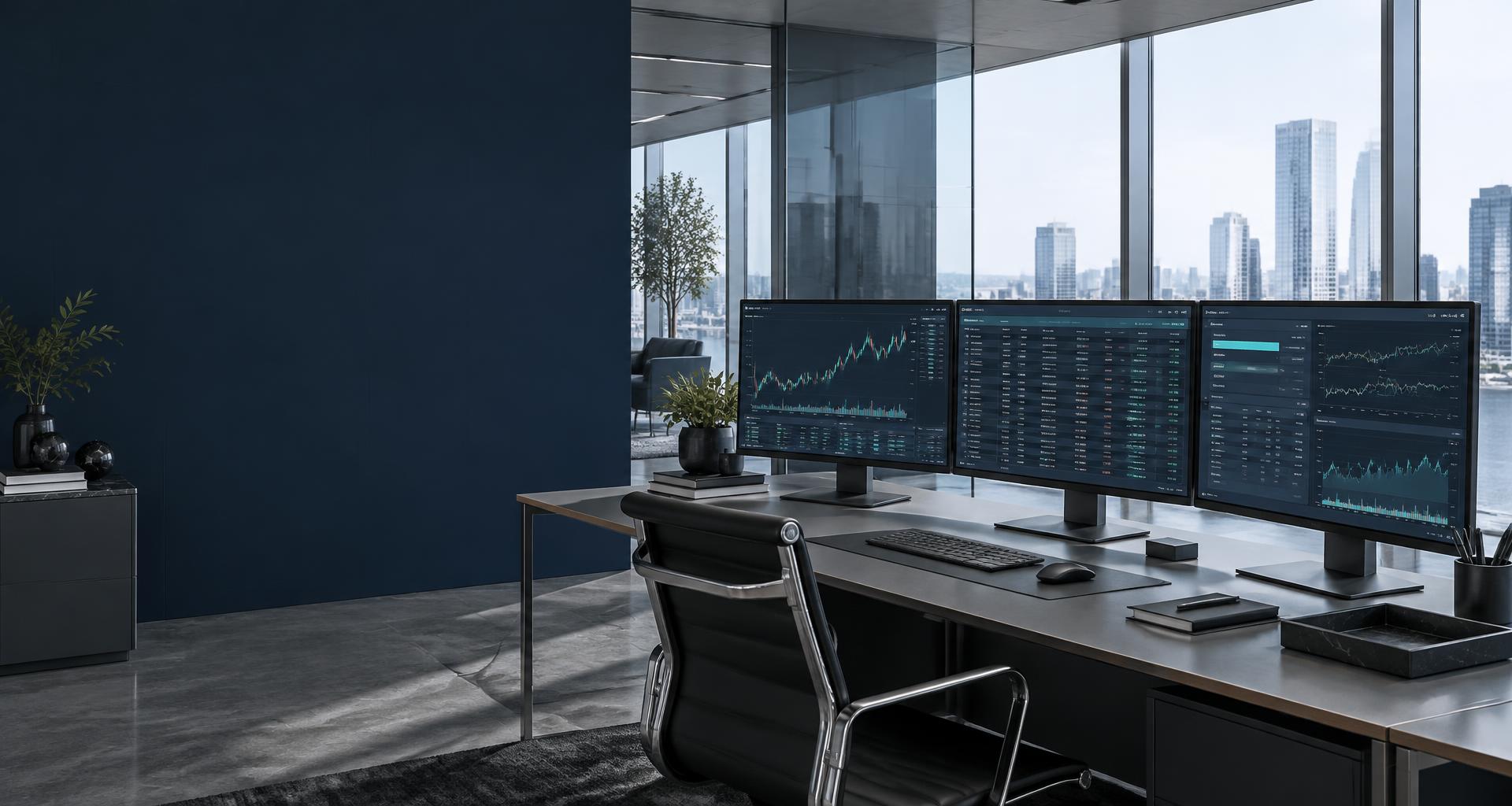 Illustrative financial operations workspace with digital asset software on desktop monitors